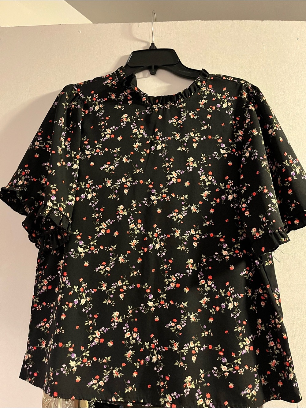 orange creek Black Floral Ruffle Neck Blouse
